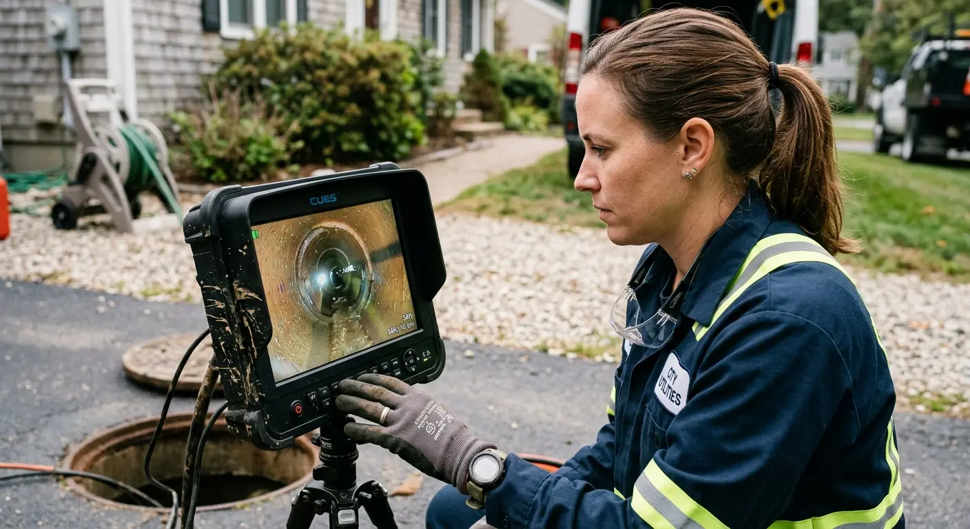 Technician reviewing sewer camera inspection footage in Tallahassee