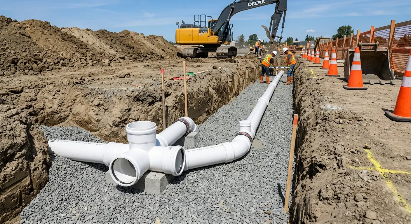New PVC sewer pipe installation in open trench for Sewer Backup in Tallahassee