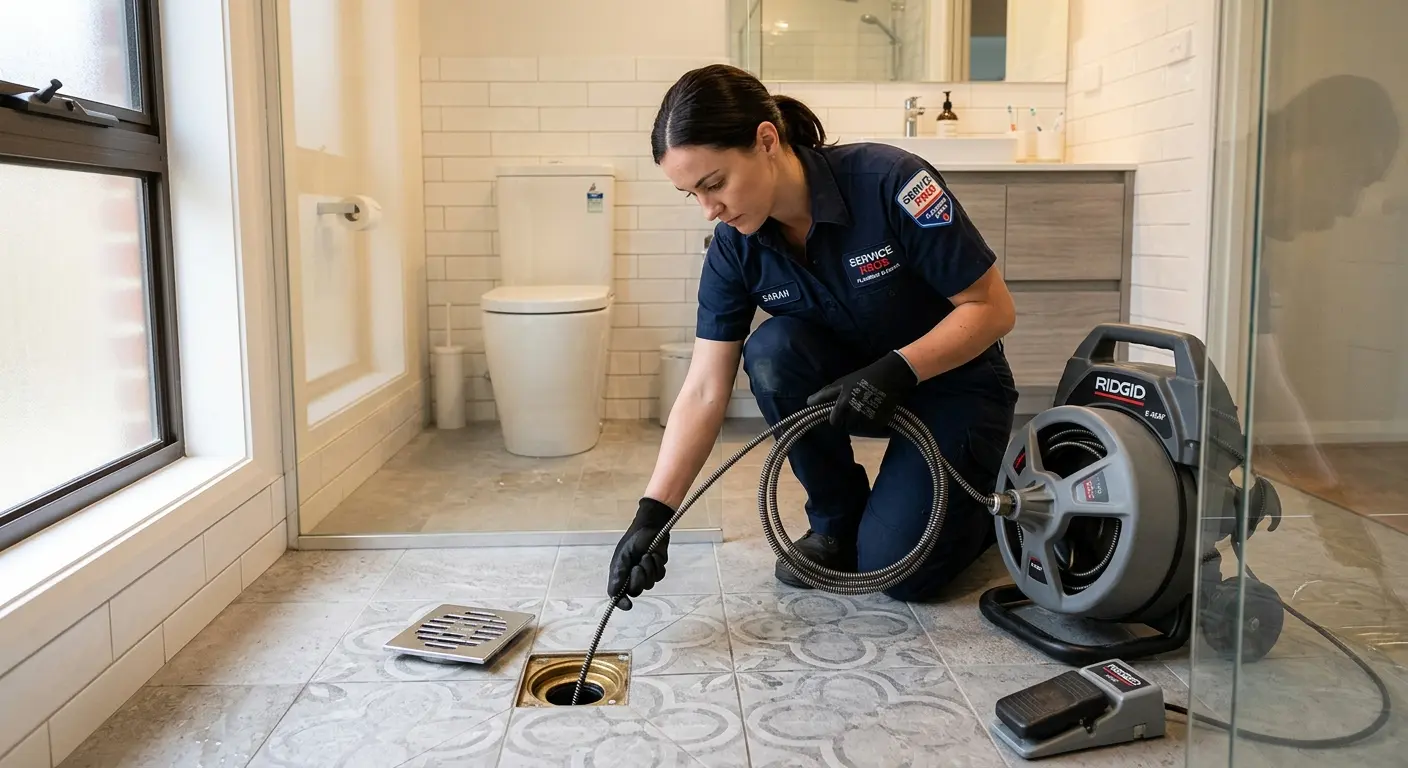 Technician clearing a bathroom floor drain for Drain Cleaning in Tallahassee